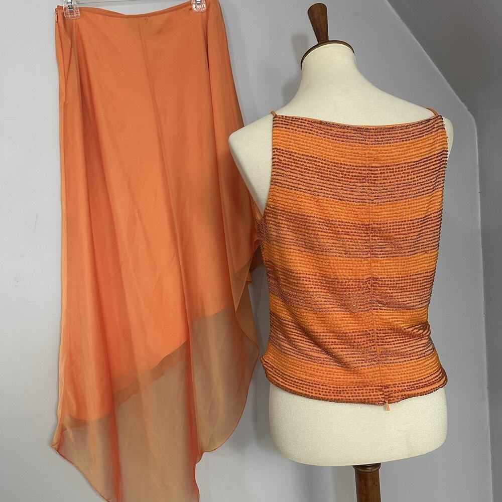 David Meister Y2K Orange Dress Vintage Skirt Set Formal Beaded Asymmetric - Picture 5 of 14